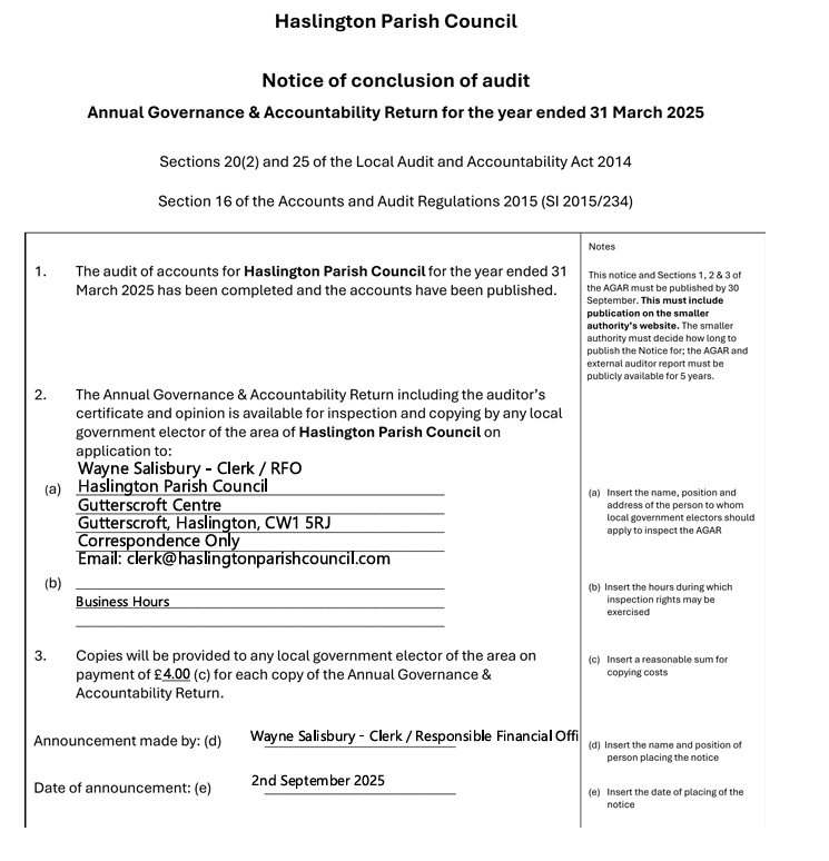 Notice of Conclusion – Annual Governance Return 2024-25